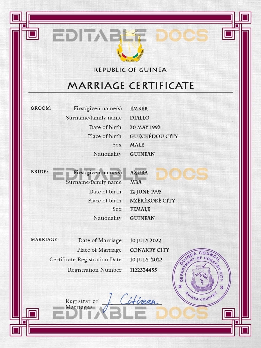 Guniea Marriage Certificate | Editable PSD Templates