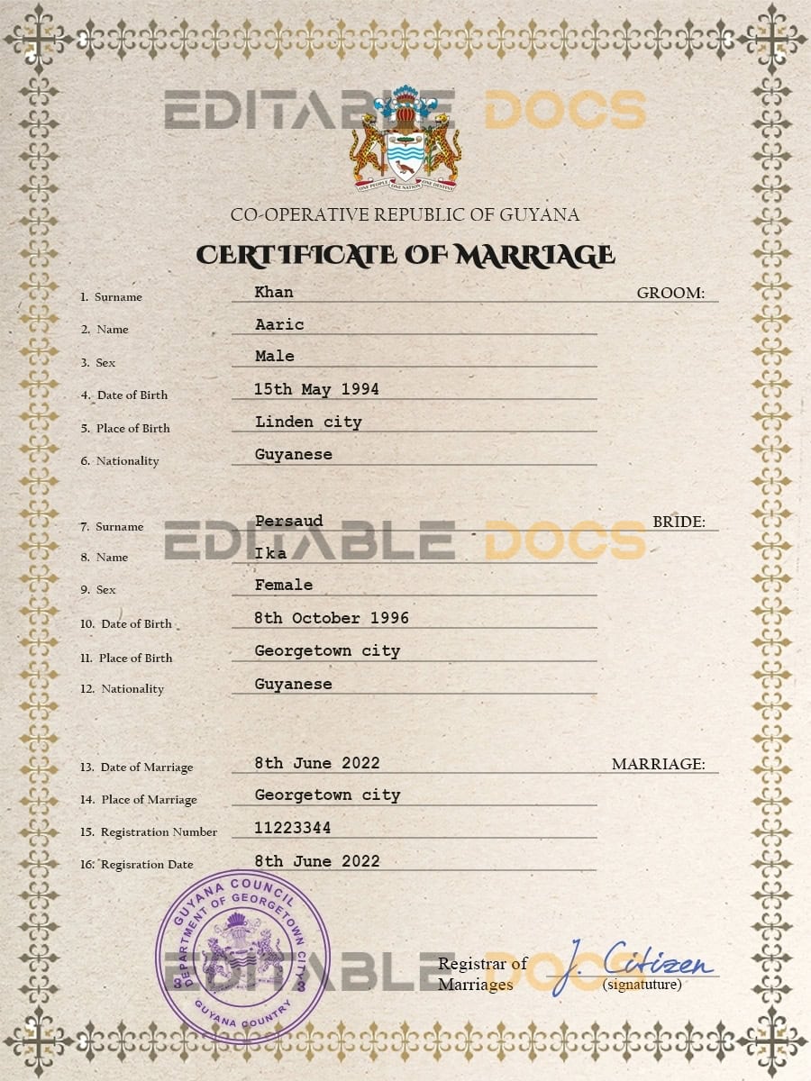 Guyana Marriage Certificate | Editable PSD Templates