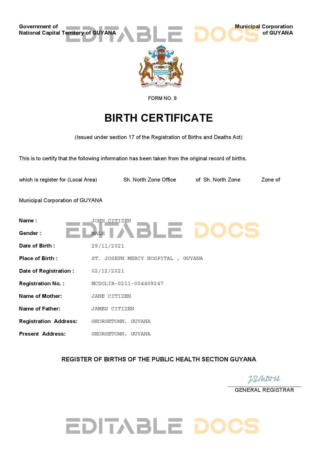 Authentic Guyana Birth Certificate Template | Customize and Download Online
