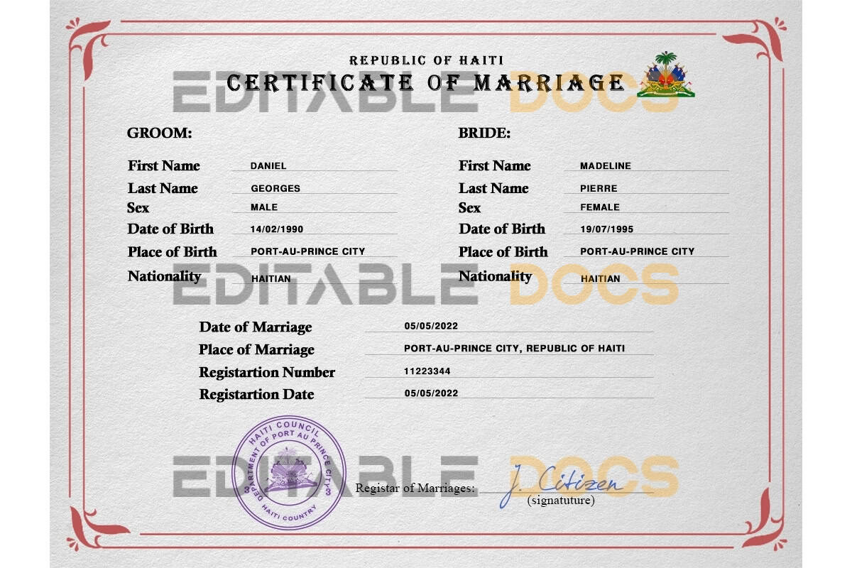 Haiti Marriage Certificate | Editable PSD Templates
