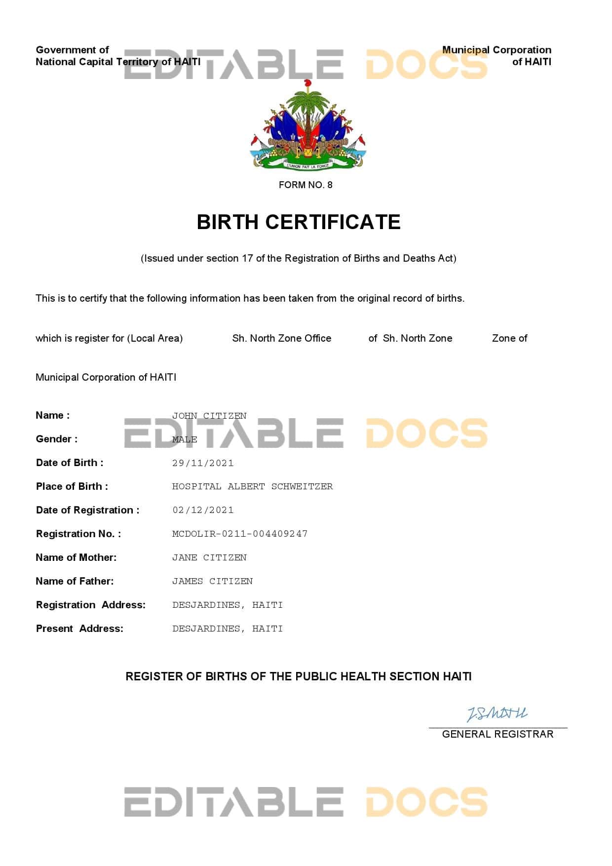 Authentic Haiti Birth Certificate Template | Customize and Download Online