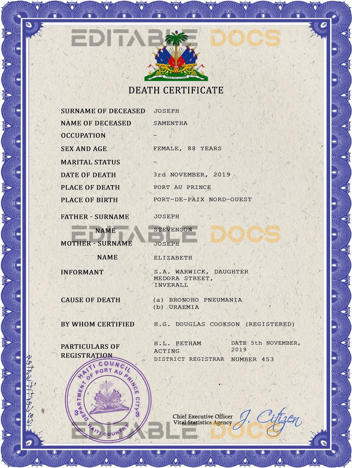 Customizable Haiti Death Certificate PSD Templates | Instant Download