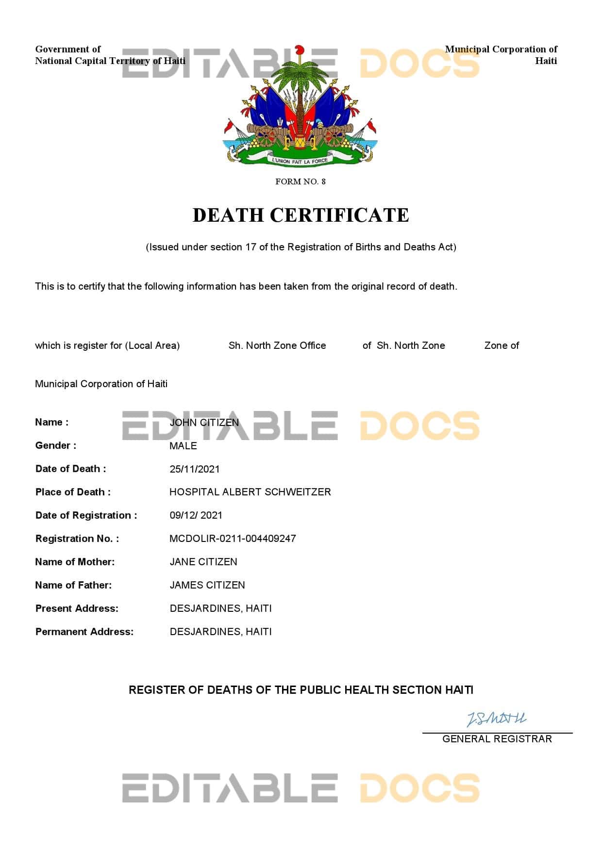 Fillable Haiti Death PDF Templates | Blank Docs