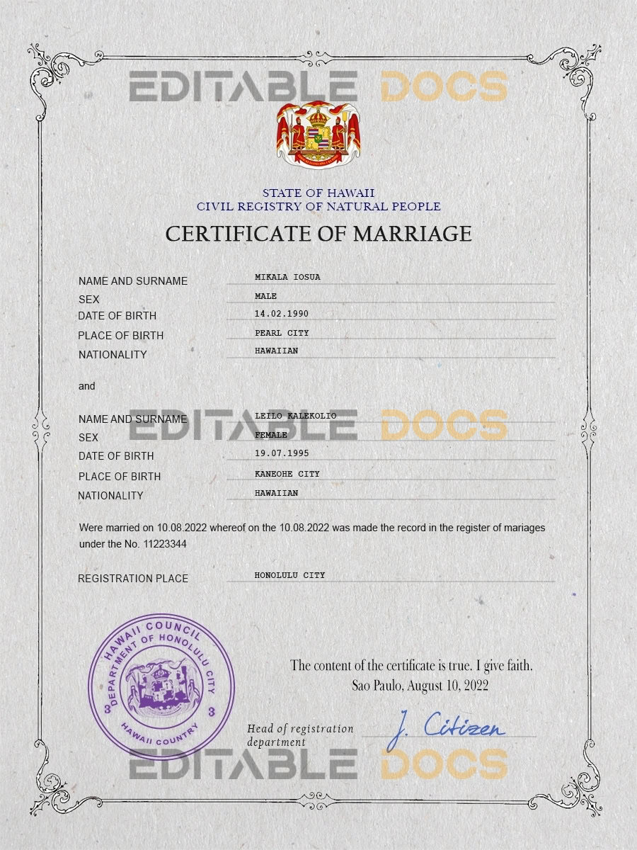 Hawaii Marriage Certificate | Editable PSD Templates
