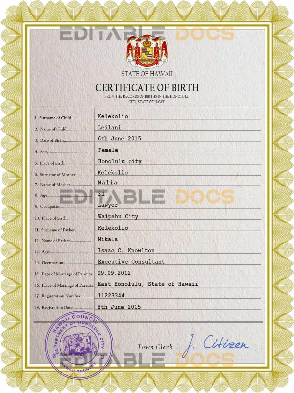 Authentic Hawaii Birth Certificate Template | Customize and Download Online
