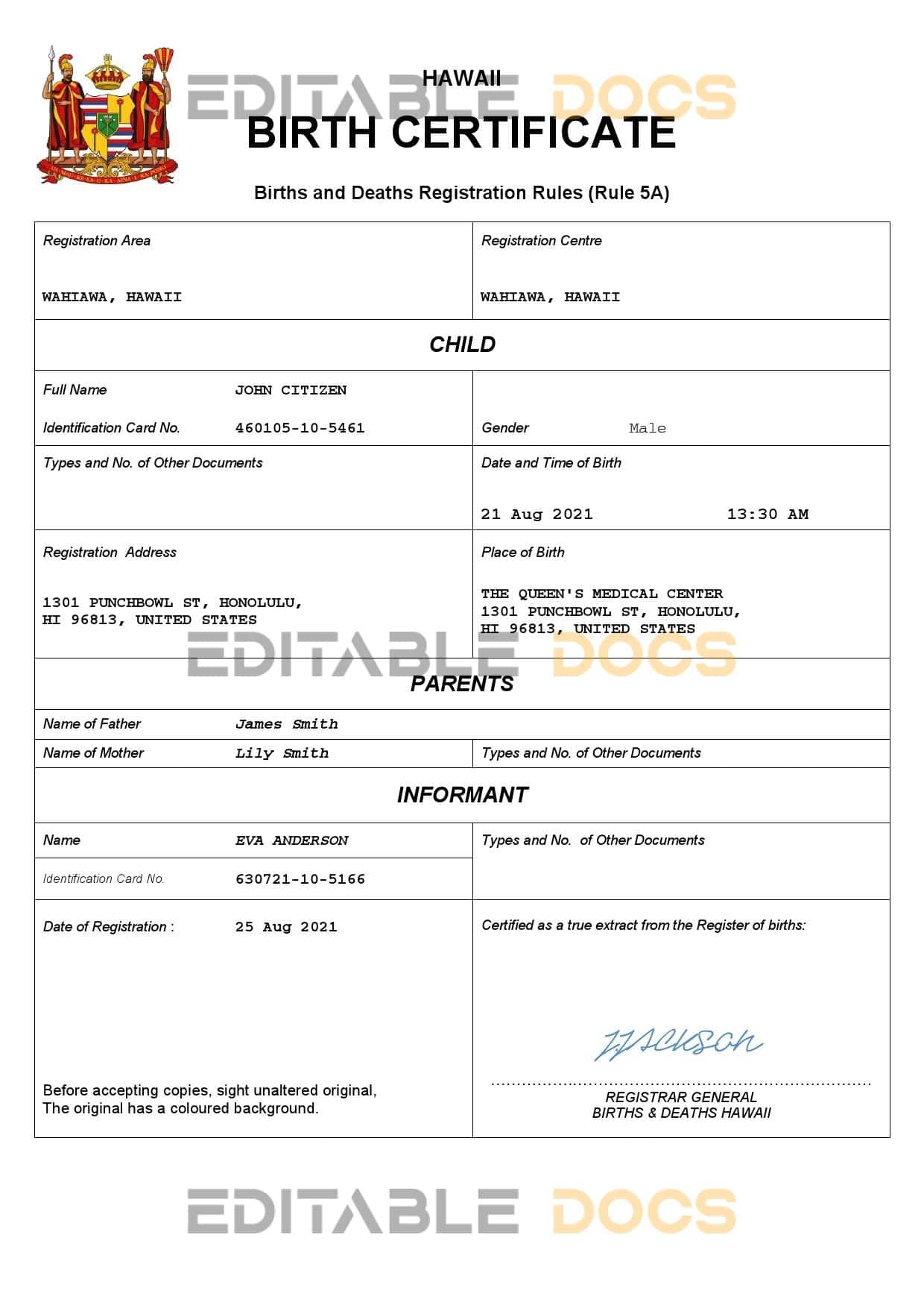 Authentic Hawaii Birth Certificate Template | Customize and Download Online