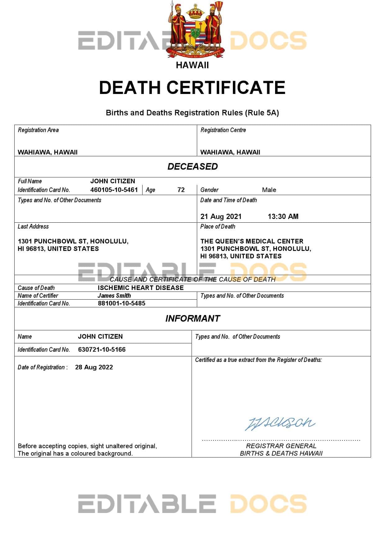 Fillable Hawaii Death PDF Templates | Blank Docs