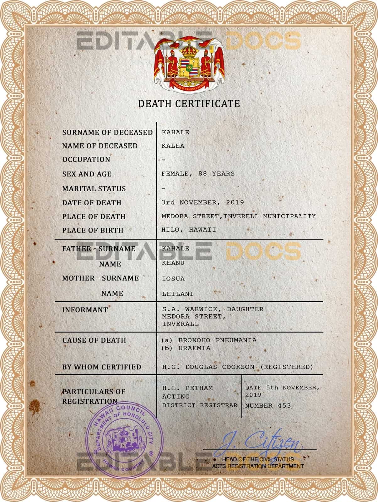 Customizable Hawaii Death Certificate PSD Templates | Instant Download