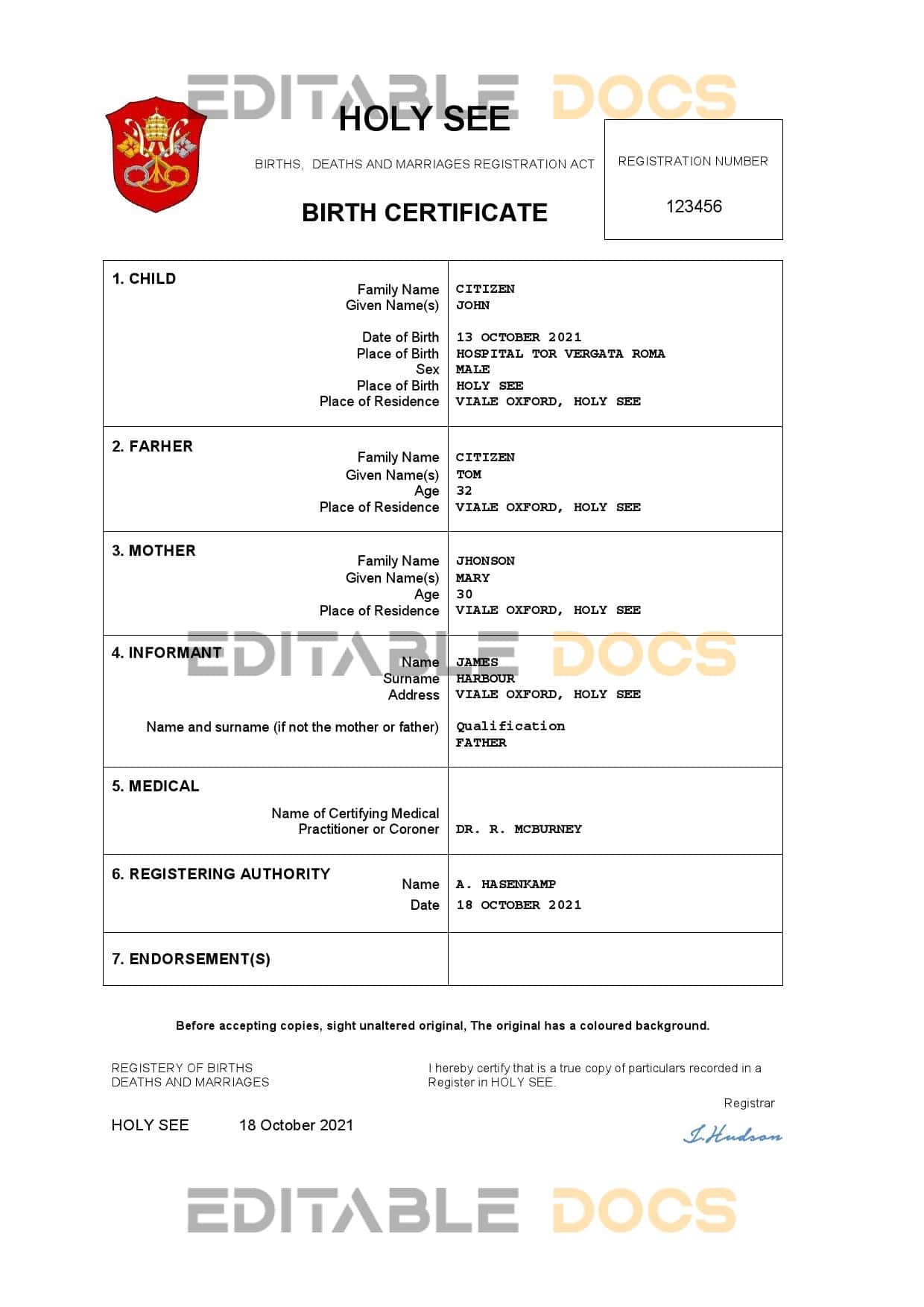 Authentic Holy See vital record Birth Certificate Template | Customize and Download Online