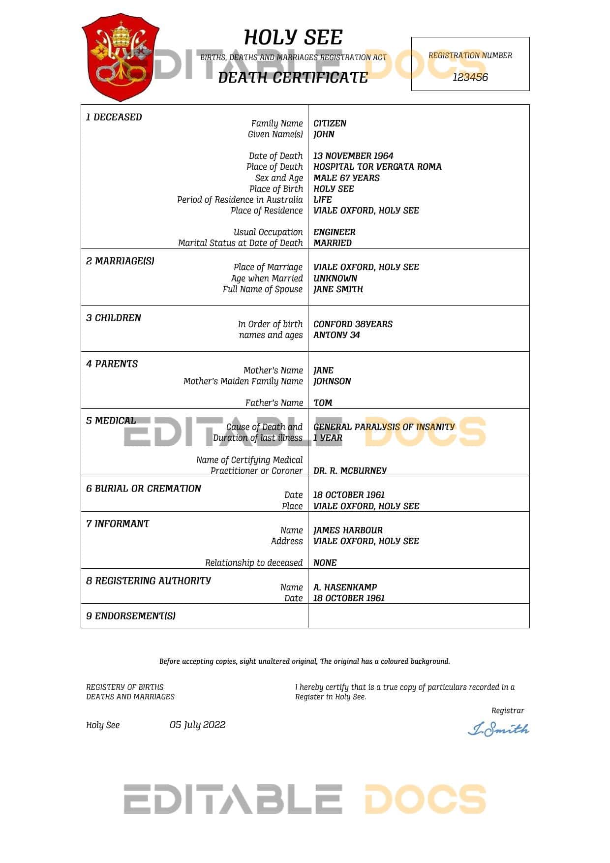 Fillable Holy See Death PDF Templates | Blank Docs