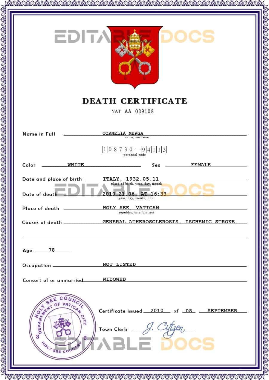 Customizable Holy See Death Certificate PSD Templates | Instant Download
