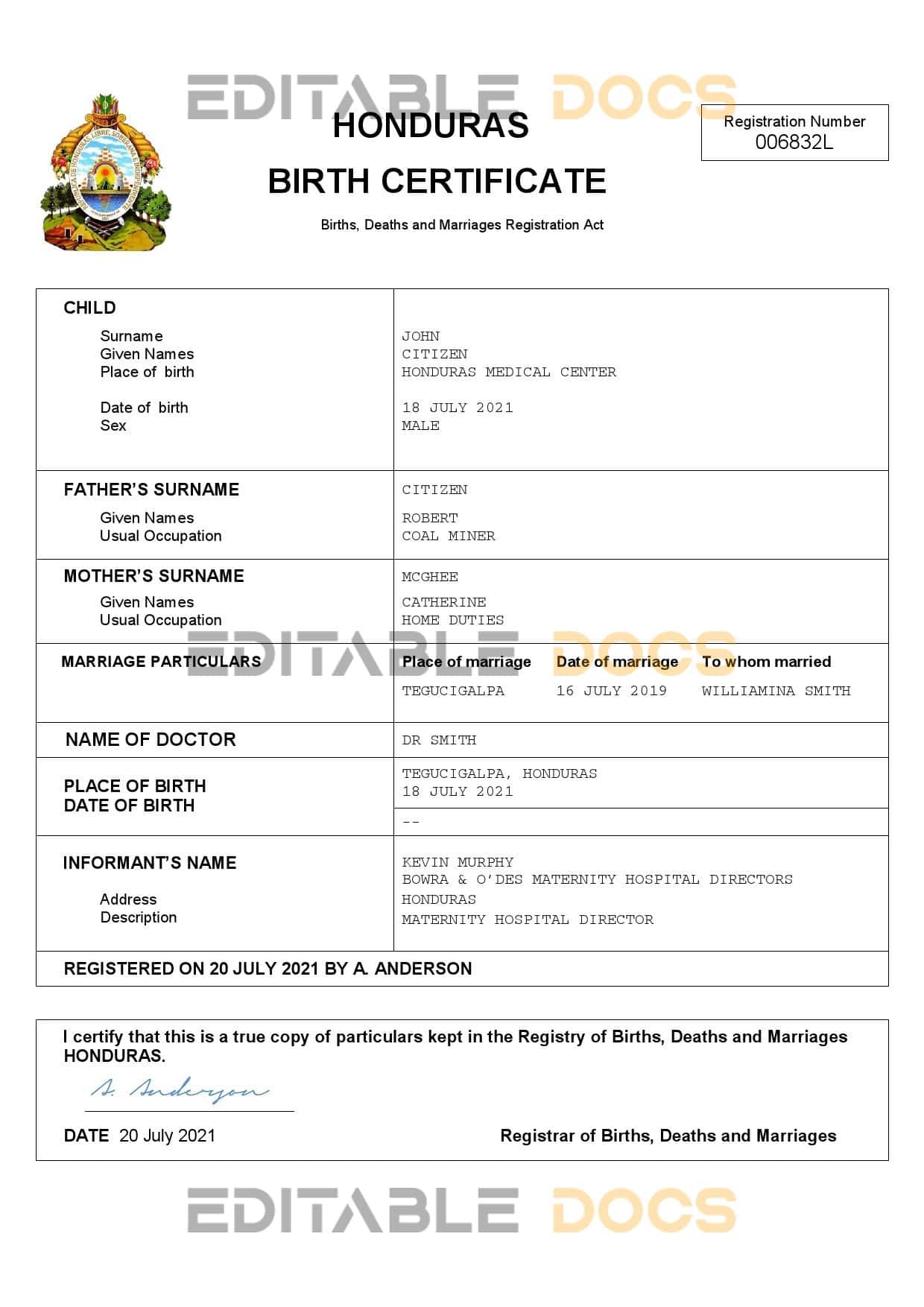 Authentic Honduras Birth Certificate Template | Customize and Download Online