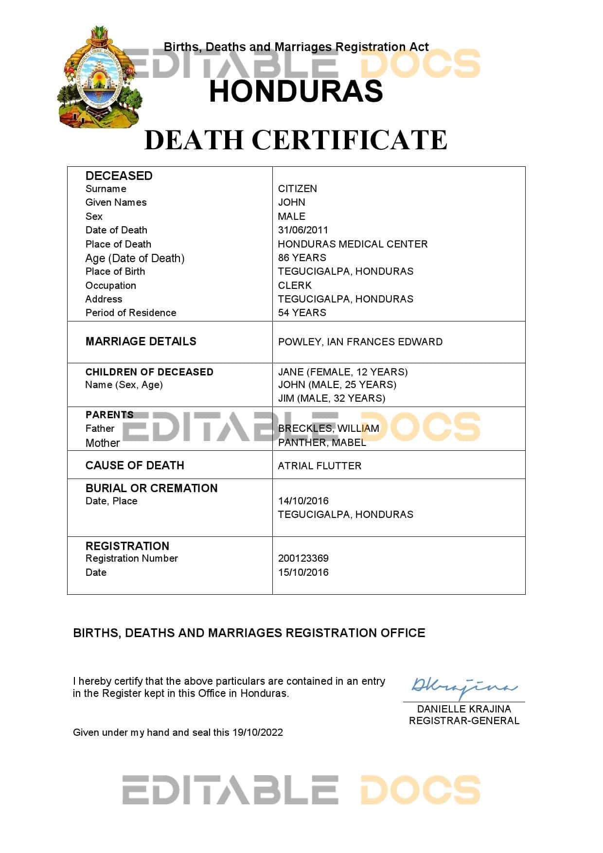 Fillable Honduras Death PDF Templates | Blank Docs