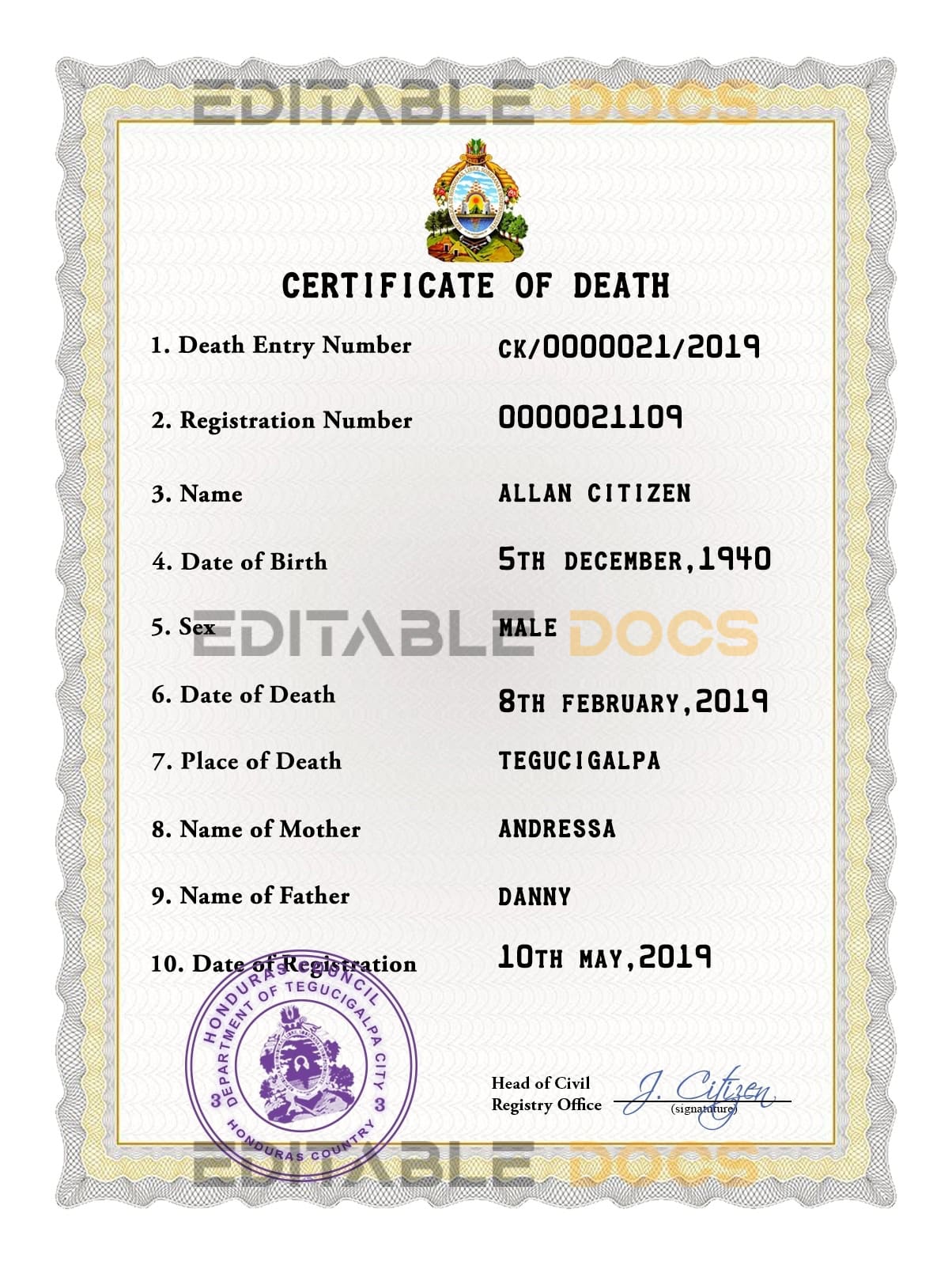 Customizable Honduras Death Certificate PSD Templates | Instant Download