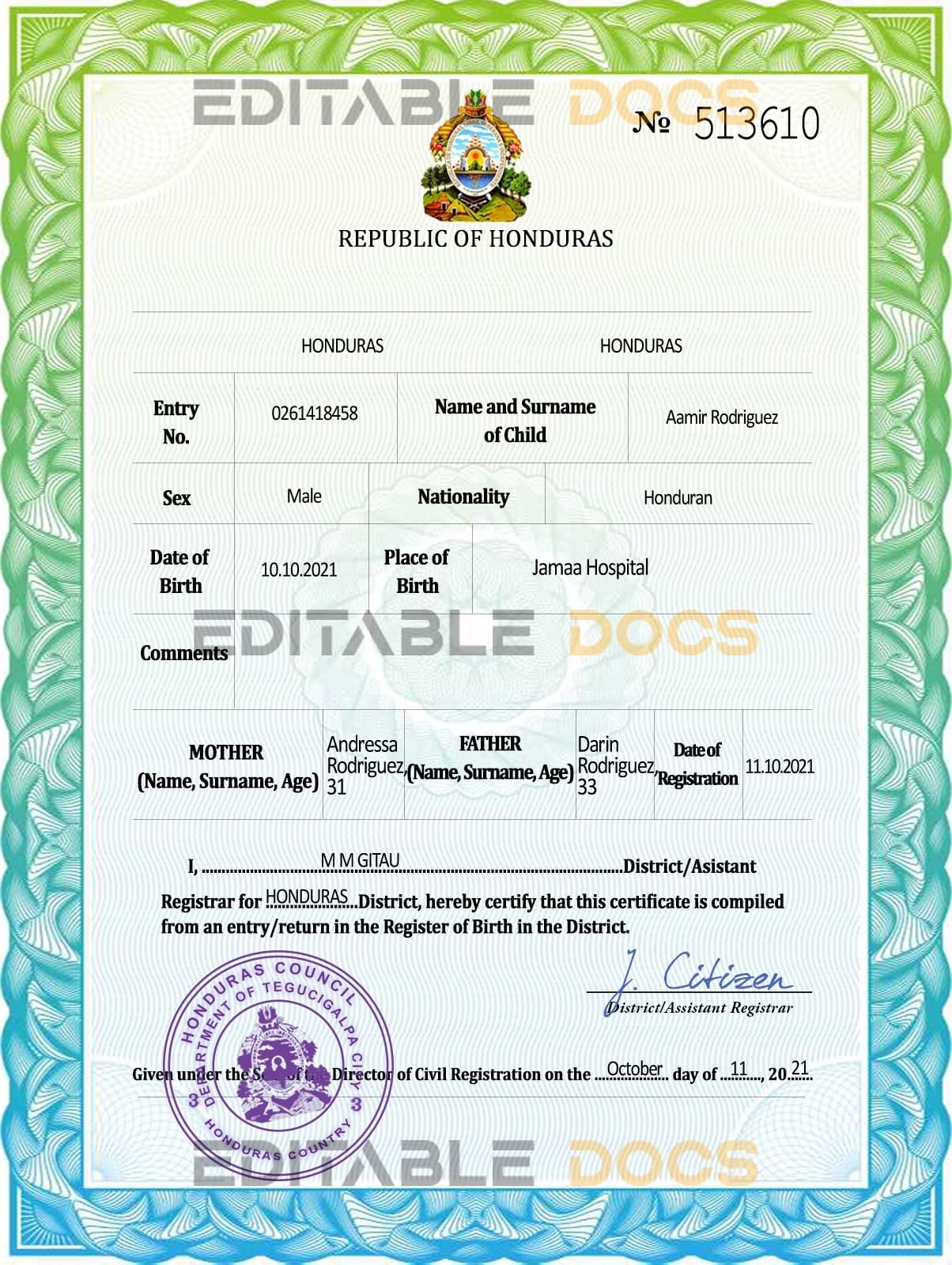 Authentic Honduras Birth Certificate Template | Customize and Download Online