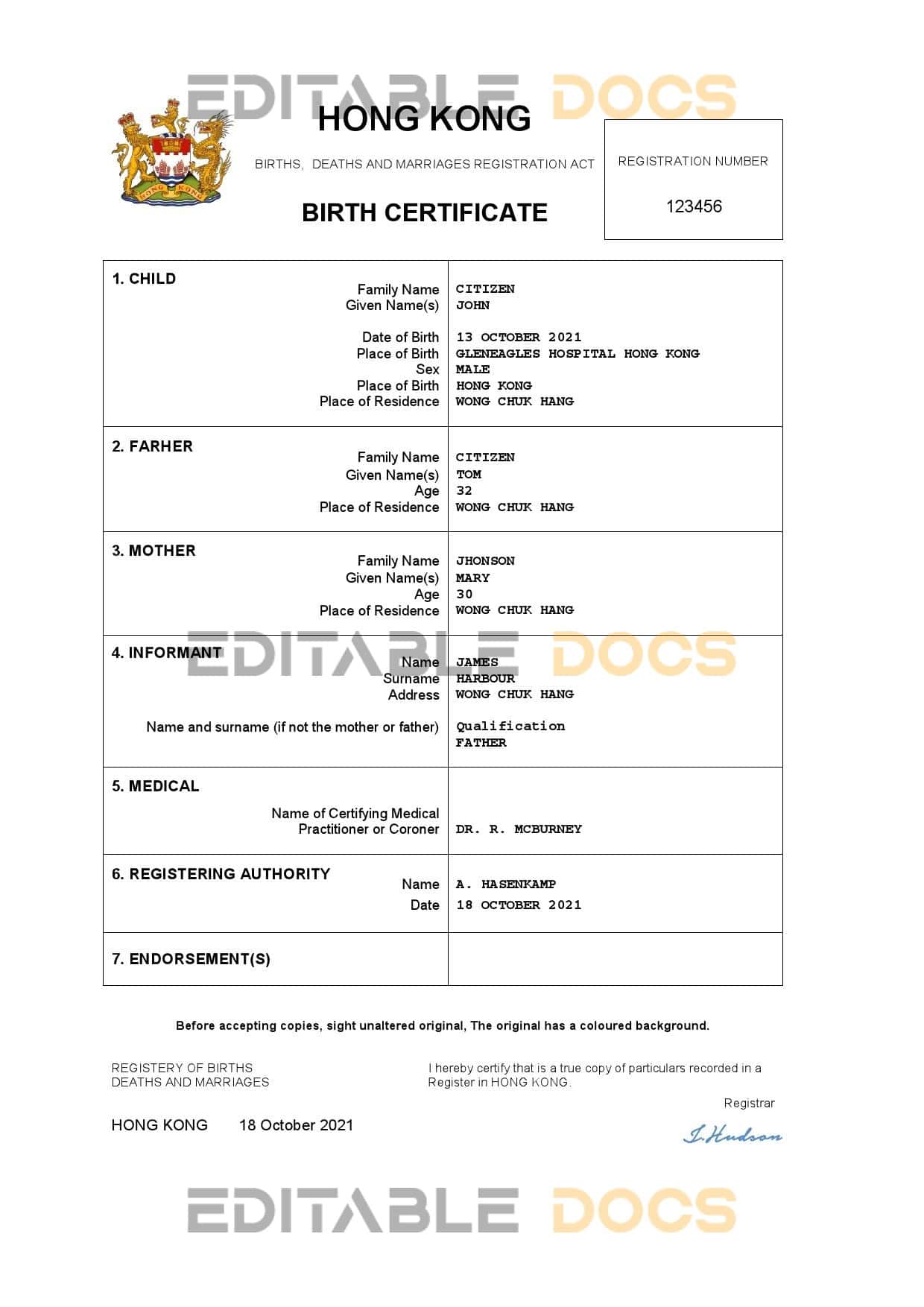 Authentic Hong Kong Birth Certificate Template | Customize and Download Online