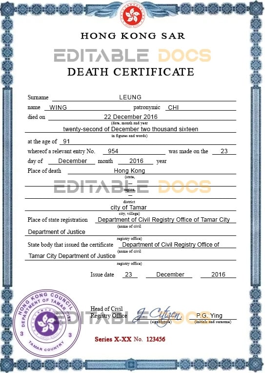 Customizable Hong-Kong Death Certificate PSD Templates | Instant Download