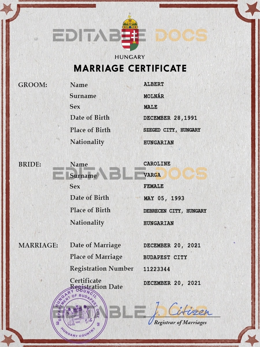 Hungary Marriage Certificate | Editable PSD Templates