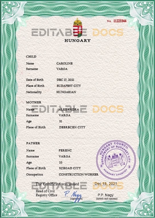 Authentic Hungary Birth Certificate Template | Customize and Download Online