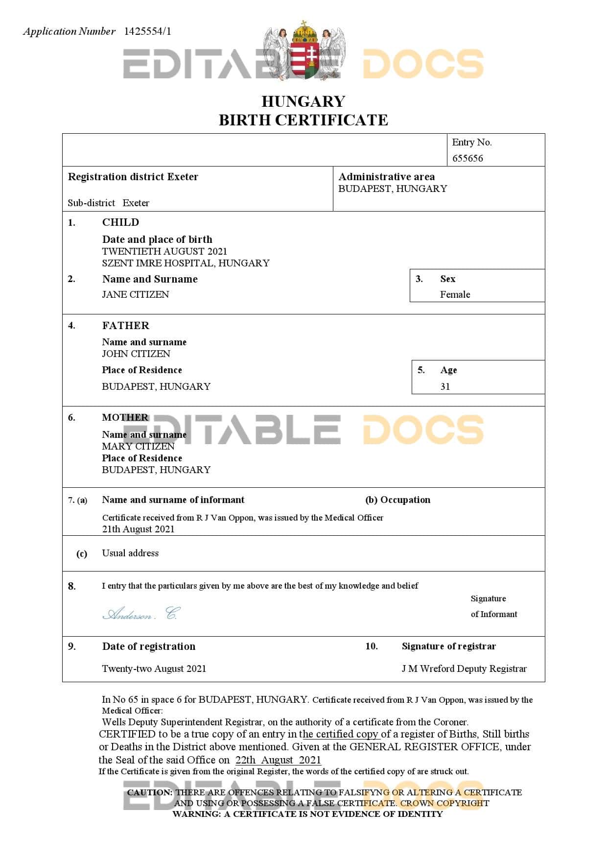 Authentic Hungary Birth Certificate Template | Customize and Download Online