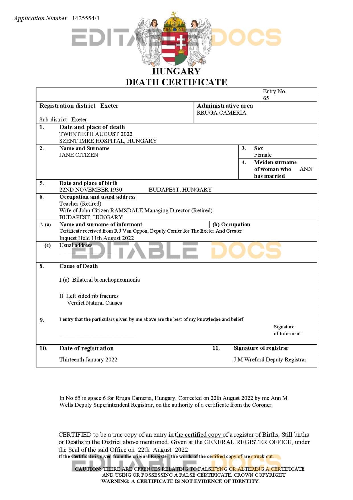 Fillable Hungary Death PDF Templates | Blank Docs