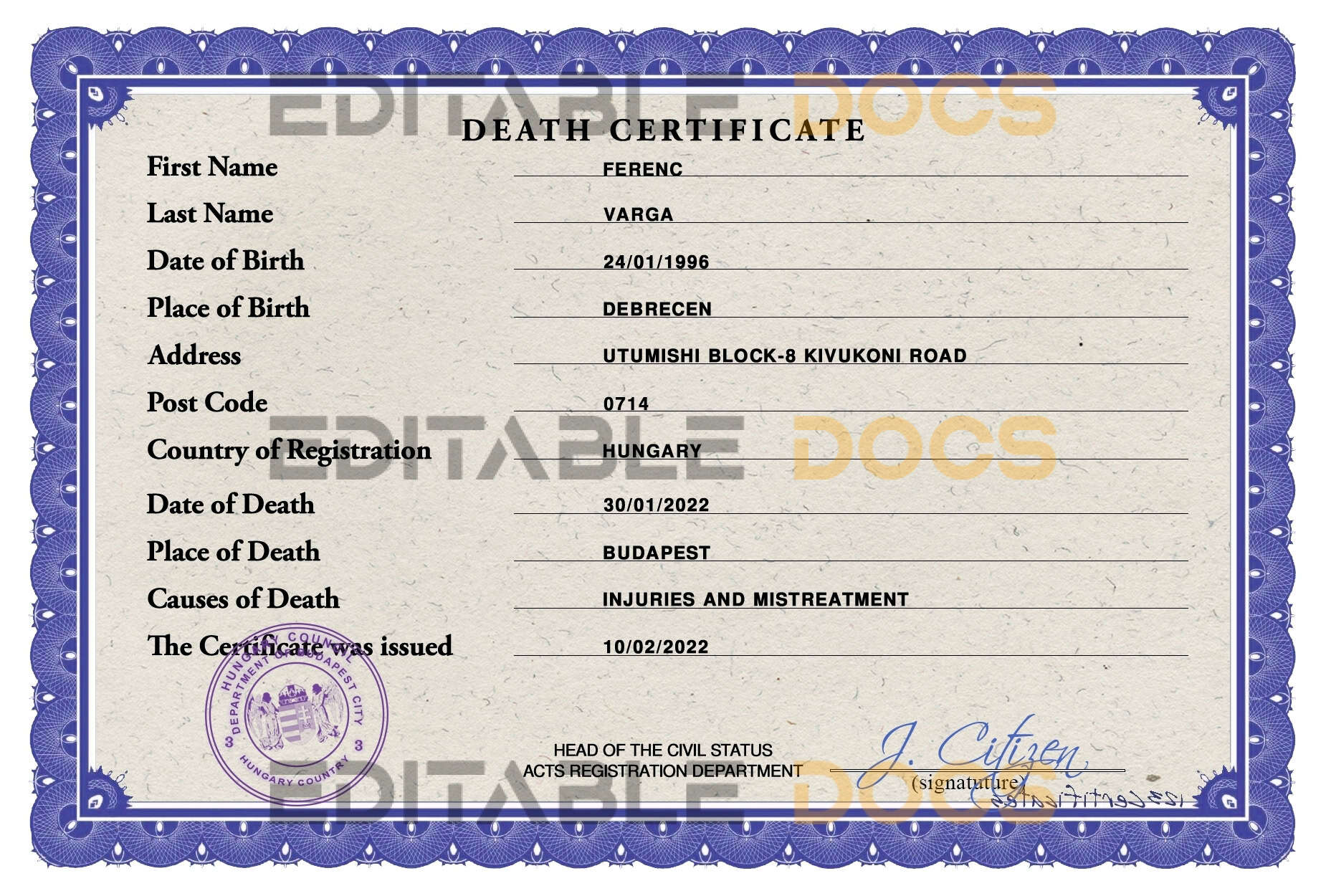Customizable Hungary Death Certificate PSD Templates | Instant Download