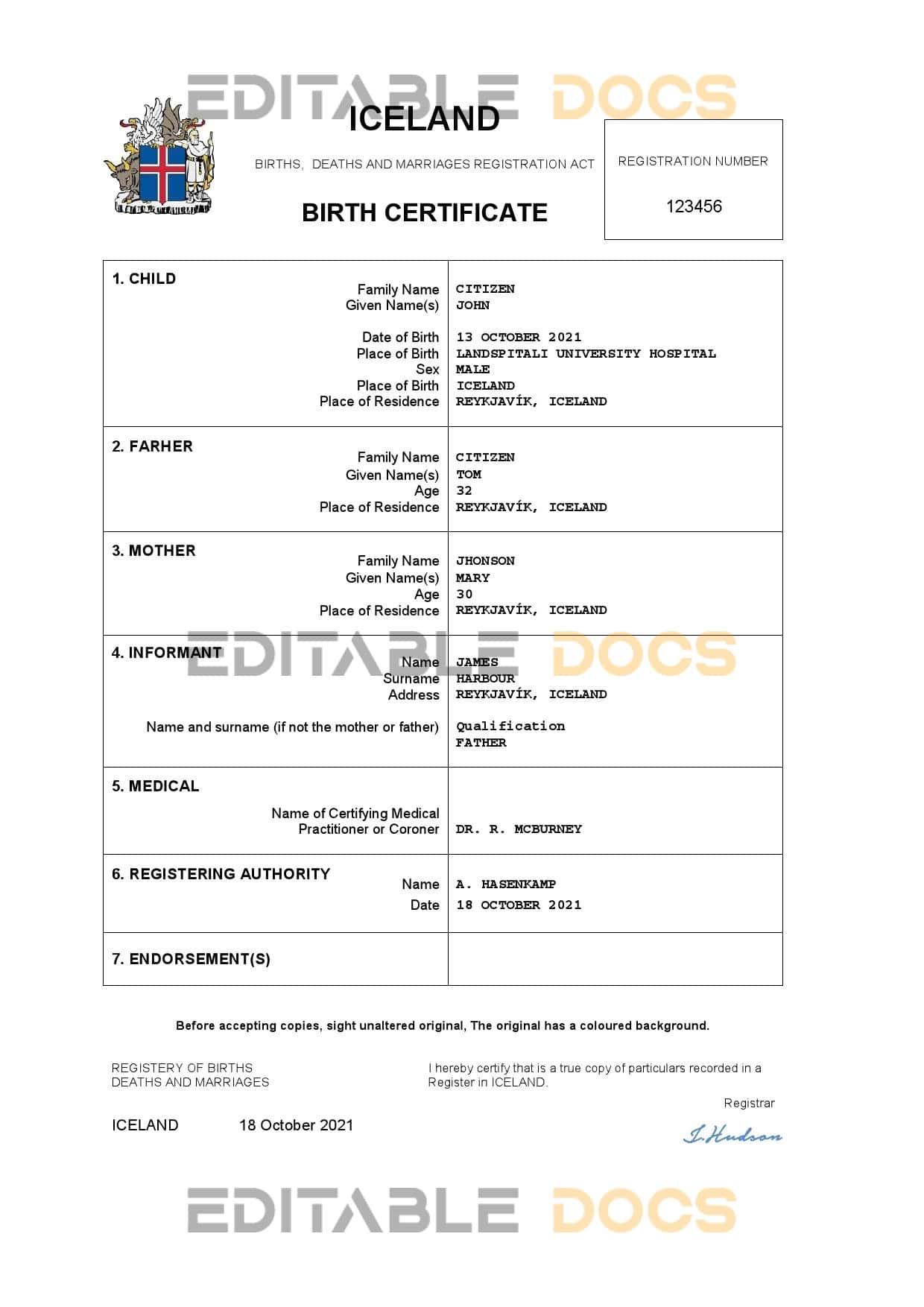Authentic Iceland Birth Certificate Template | Customize and Download Online