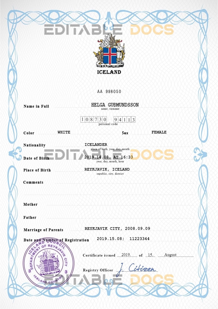 Authentic Iceland Birth Certificate Template | Customize and Download Online