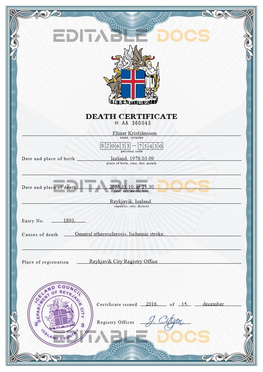 Customizable Iceland Death Certificate PSD Templates | Instant Download
