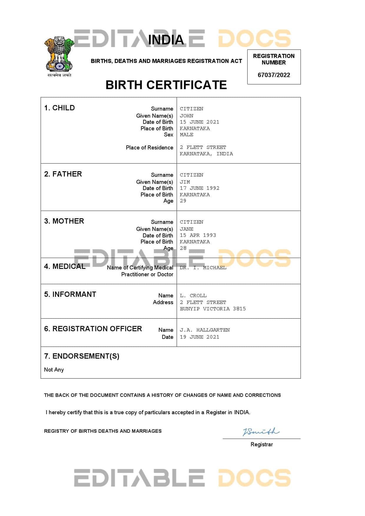 Authentic India Birth Certificate Template | Customize and Download Online