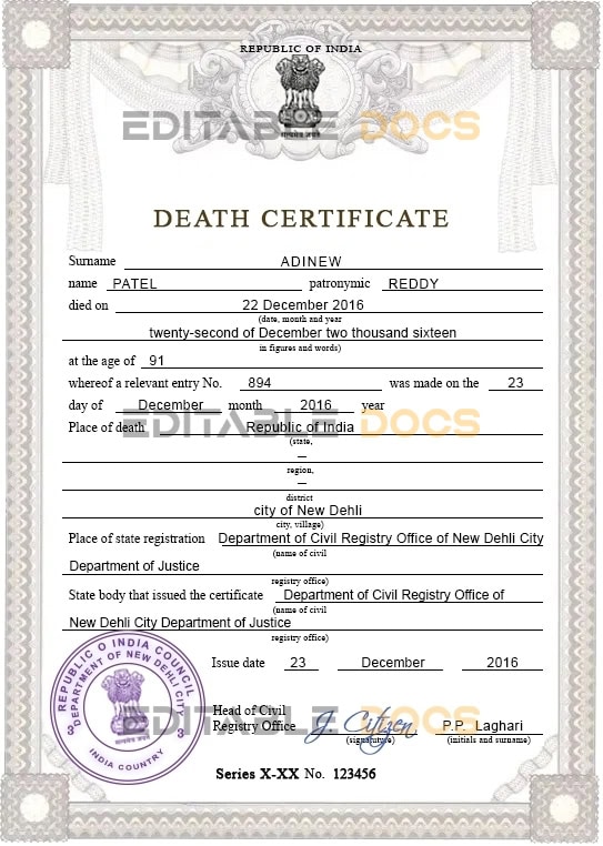 Customizable India Death Certificate PSD Templates | Instant Download