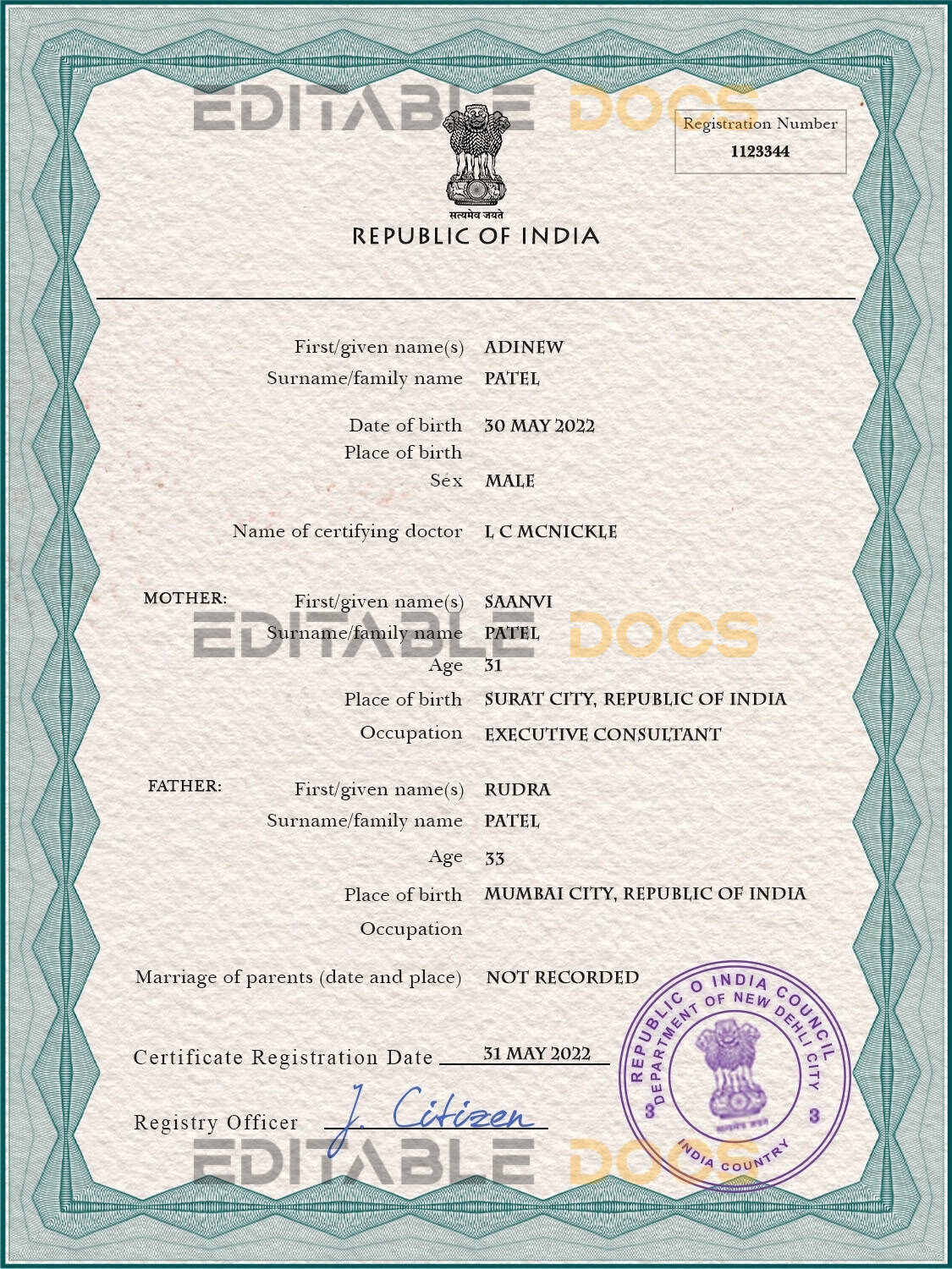 Authentic India Birth Certificate Template | Customize and Download Online