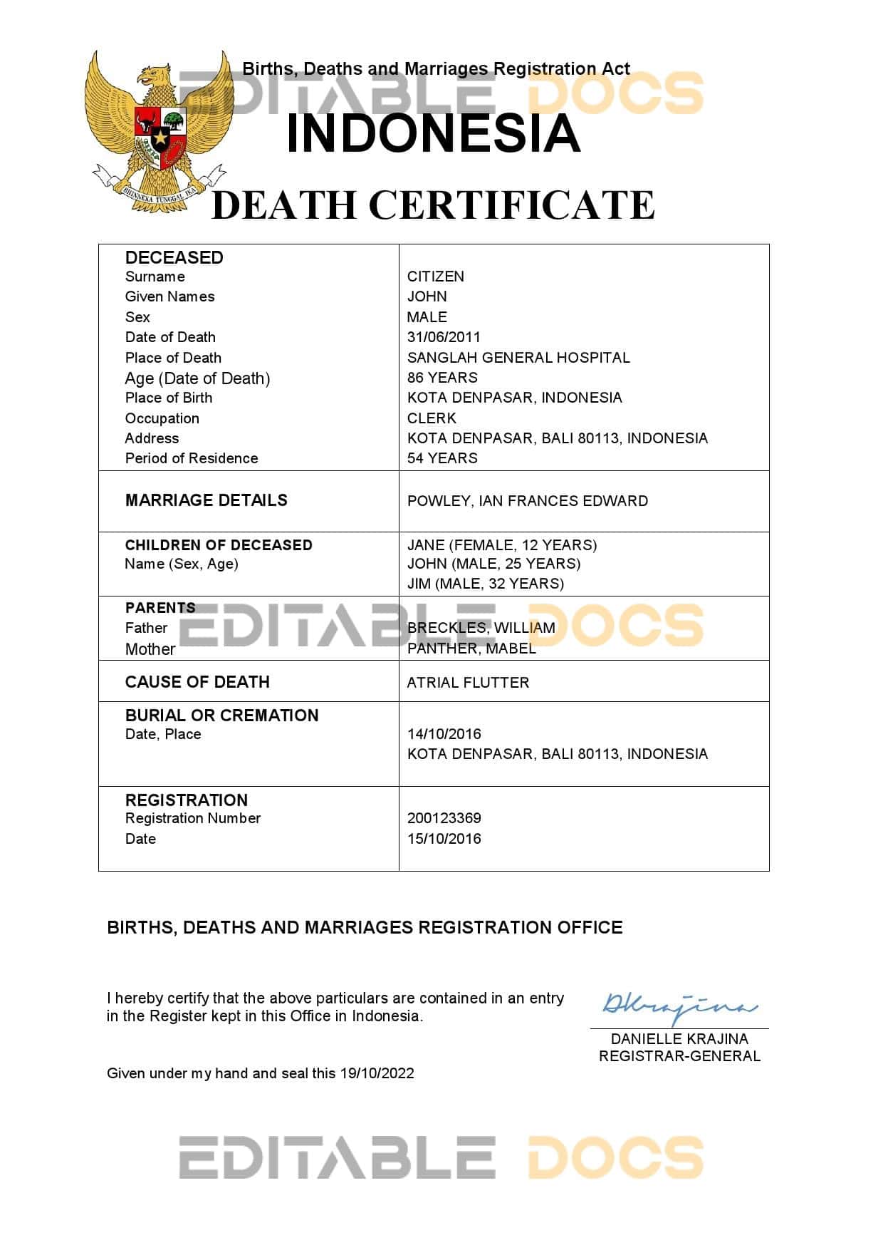 Fillable Indonesia Death PDF Templates | Blank Docs