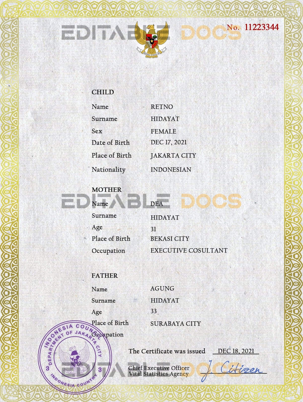 Authentic Indonesia Birth Certificate Template | Customize and Download Online