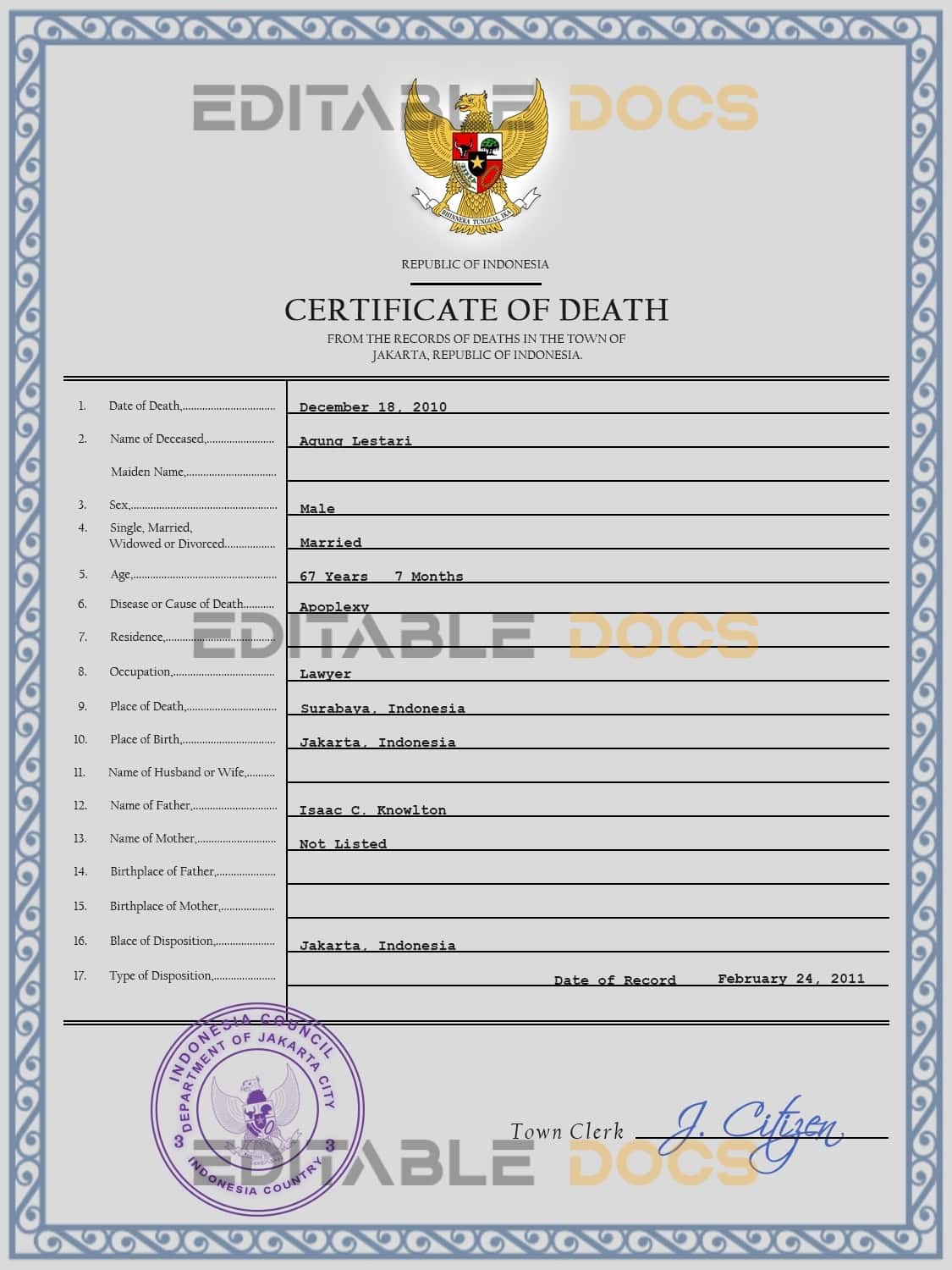 Customizable Indonesia Death Certificate PSD Templates | Instant Download