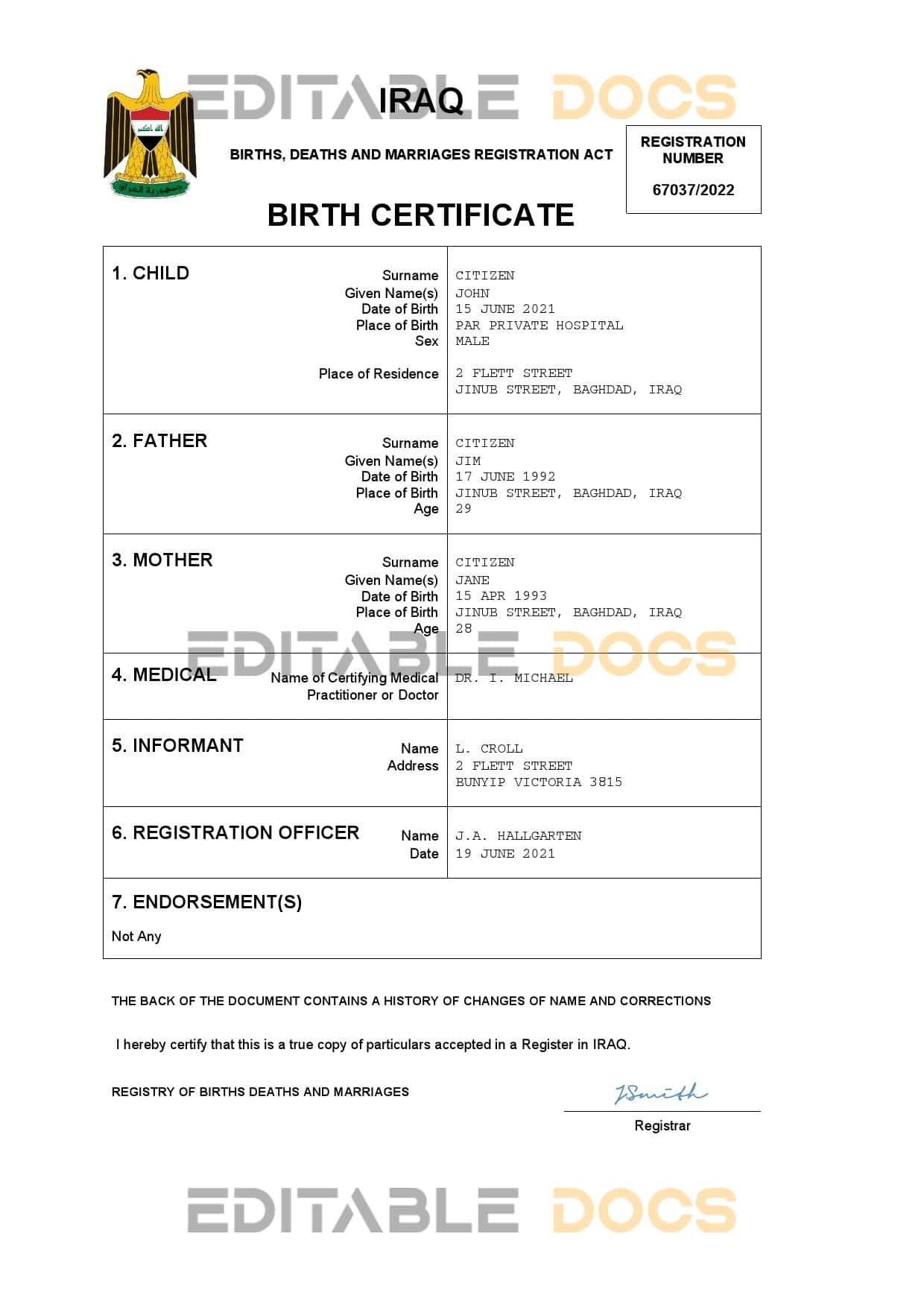 Authentic Iraq Birth Certificate Template | Customize and Download Online