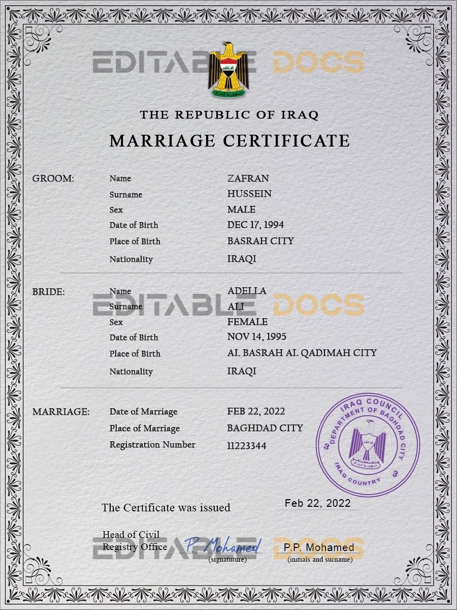 Iraq Marriage Certificate | Editable PDF Templates