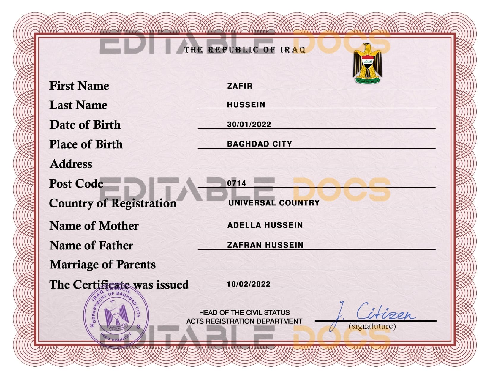 Authentic Iraq Birth Certificate Template | Customize and Download Online