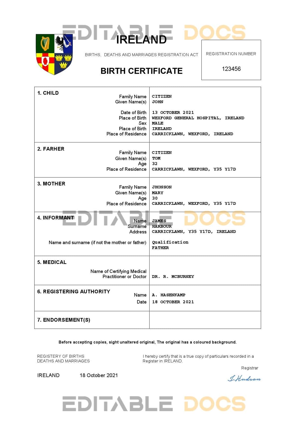 Authentic Ireland Birth Certificate Template | Customize and Download Online