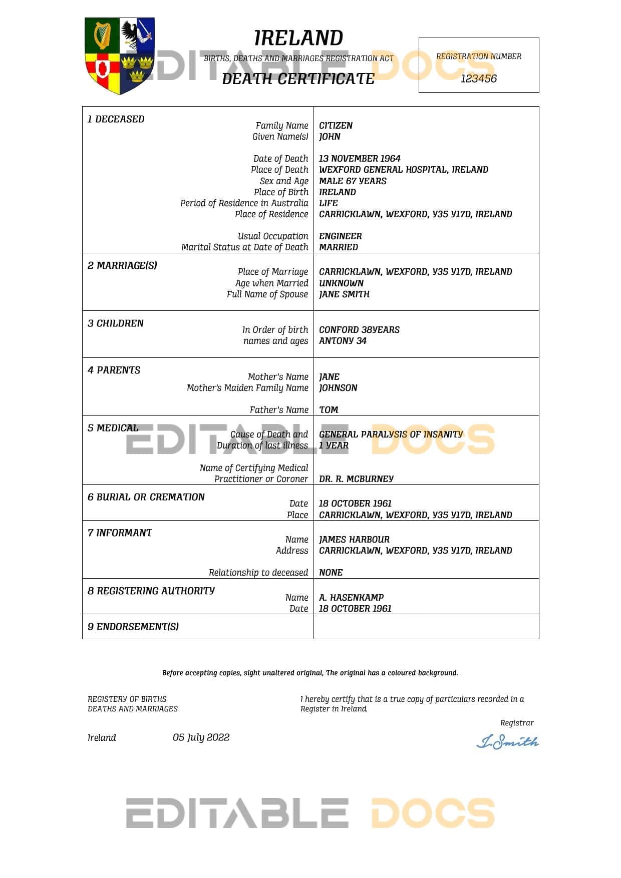 Fillable Ireland Death PDF Templates | Blank Docs
