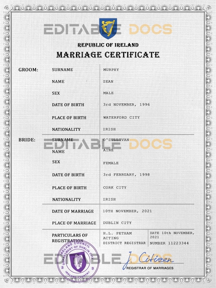 Ireland Marriage Certificate | Editable PDF Templates