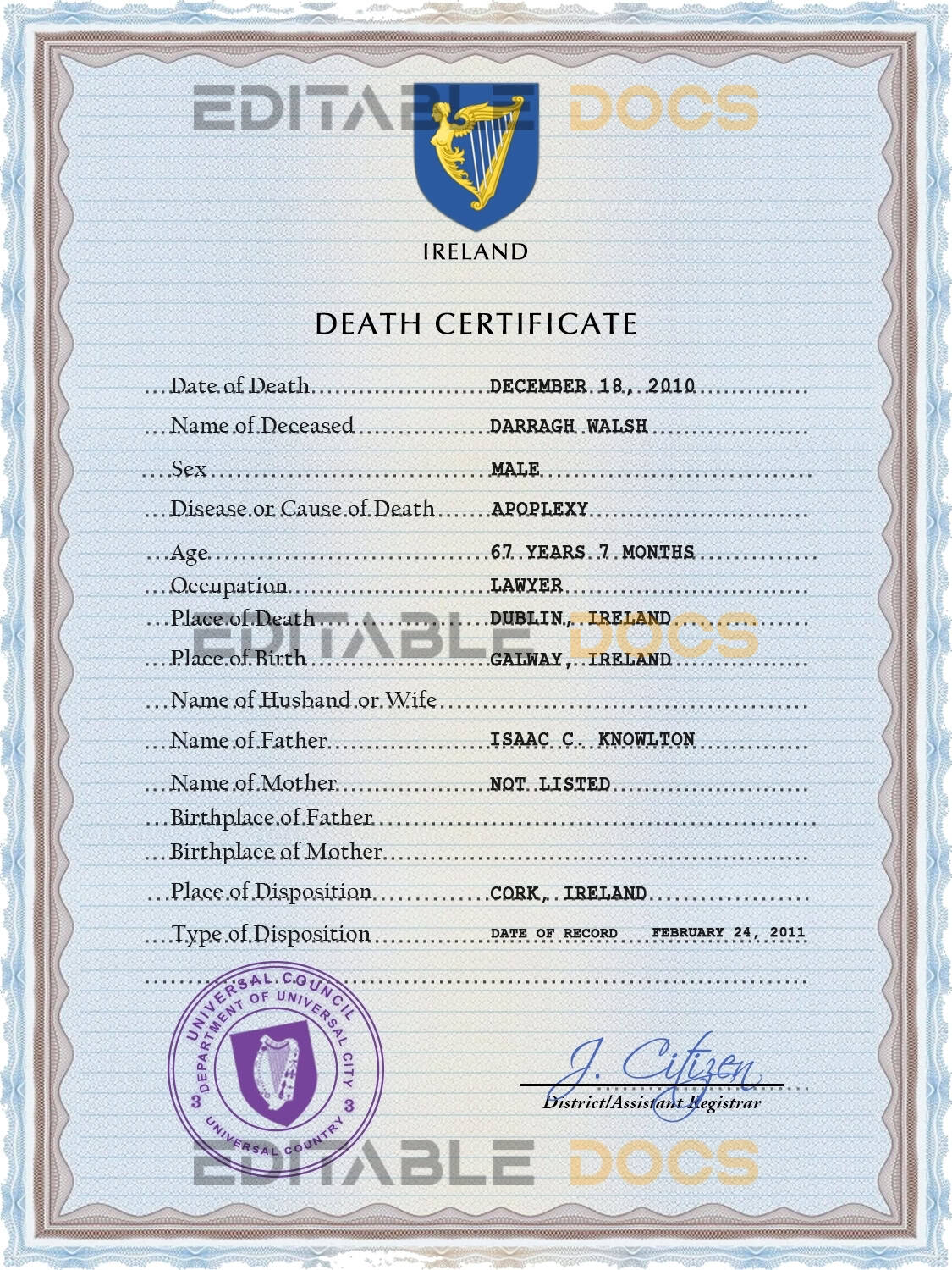 Customizable Ireland Death Certificate PSD Templates | Instant Download