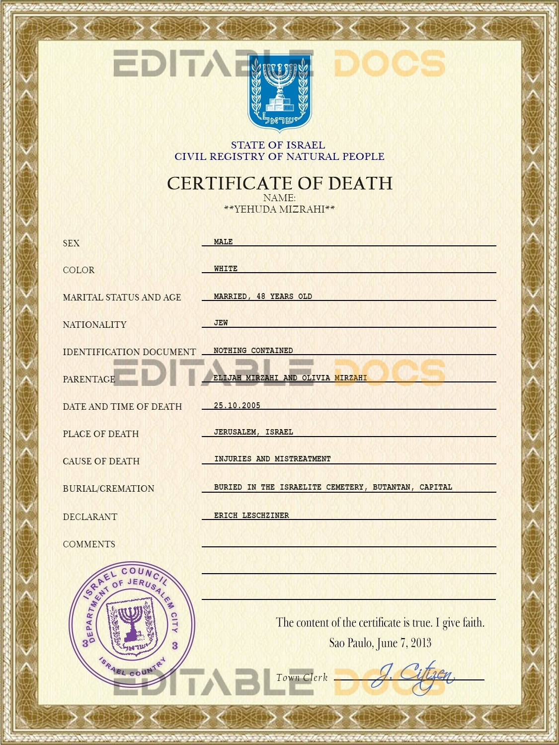Customizable Israel Death Certificate PSD Templates | Instant Download