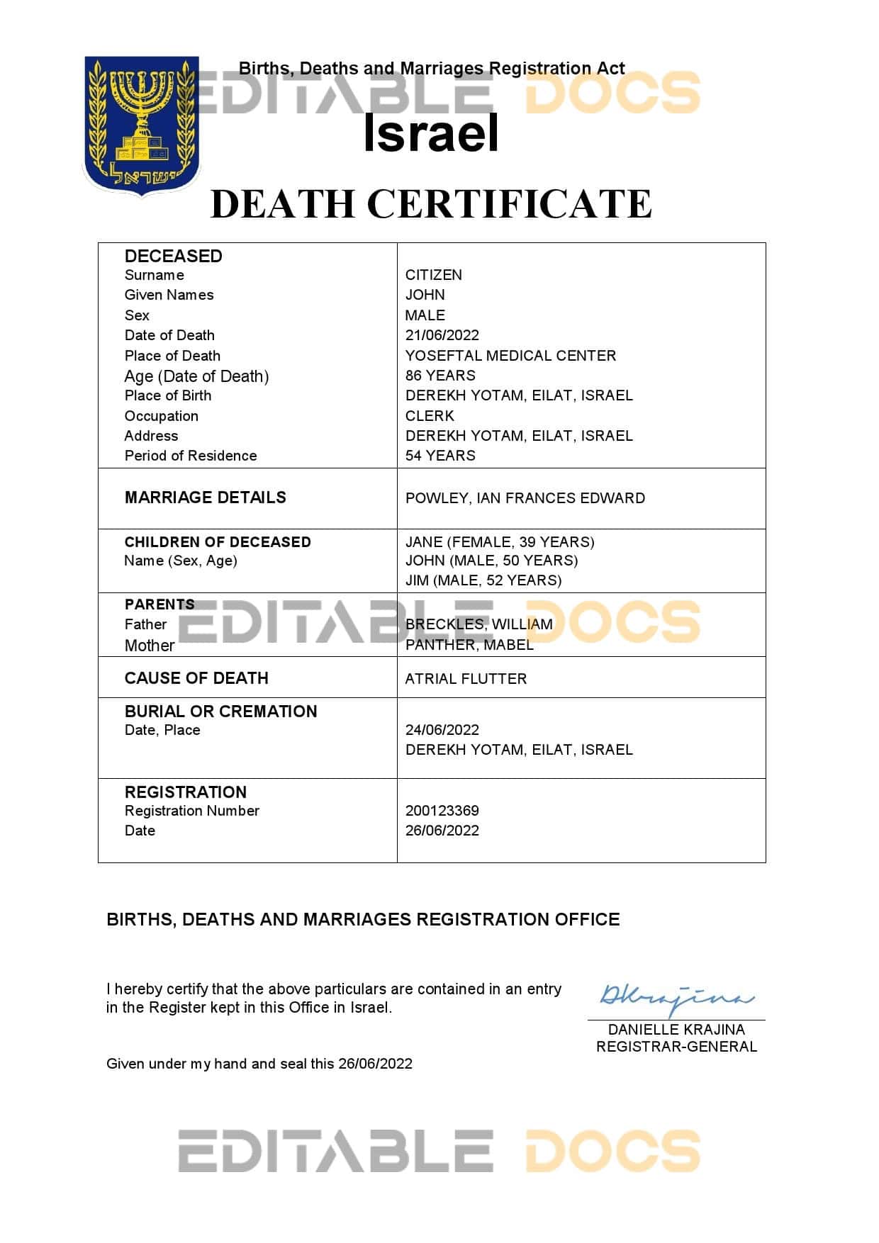 Fillable Israel Death PDF Templates | Blank Docs