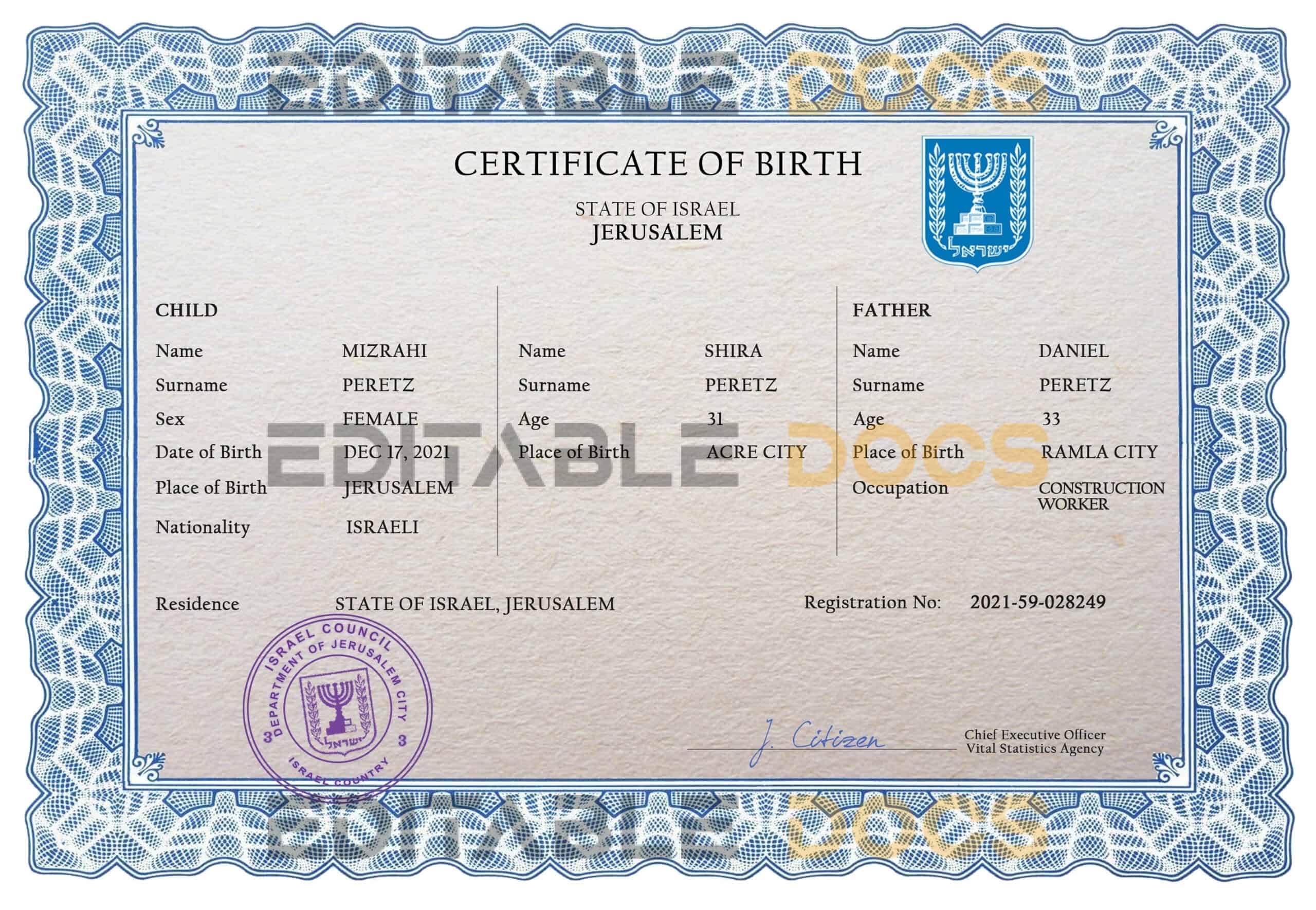 Authentic Israel Birth Certificate Template | Customize and Download Online