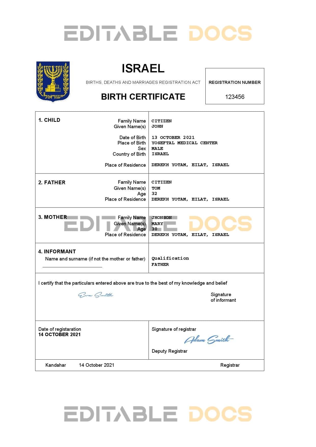 Authentic Israel Birth Certificate Template | Customize and Download Online