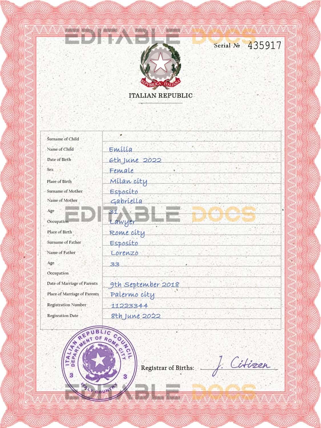 Authentic Italy Birth Certificate Template | Customize and Download Online