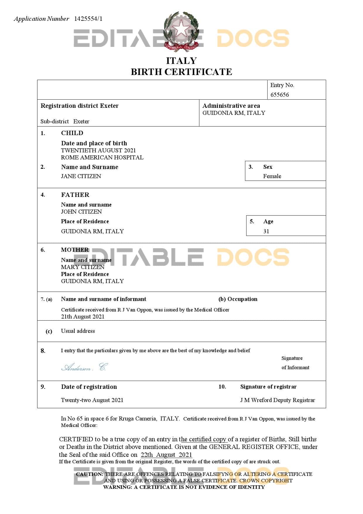 Authentic Italy Birth Certificate Template | Customize and Download Online