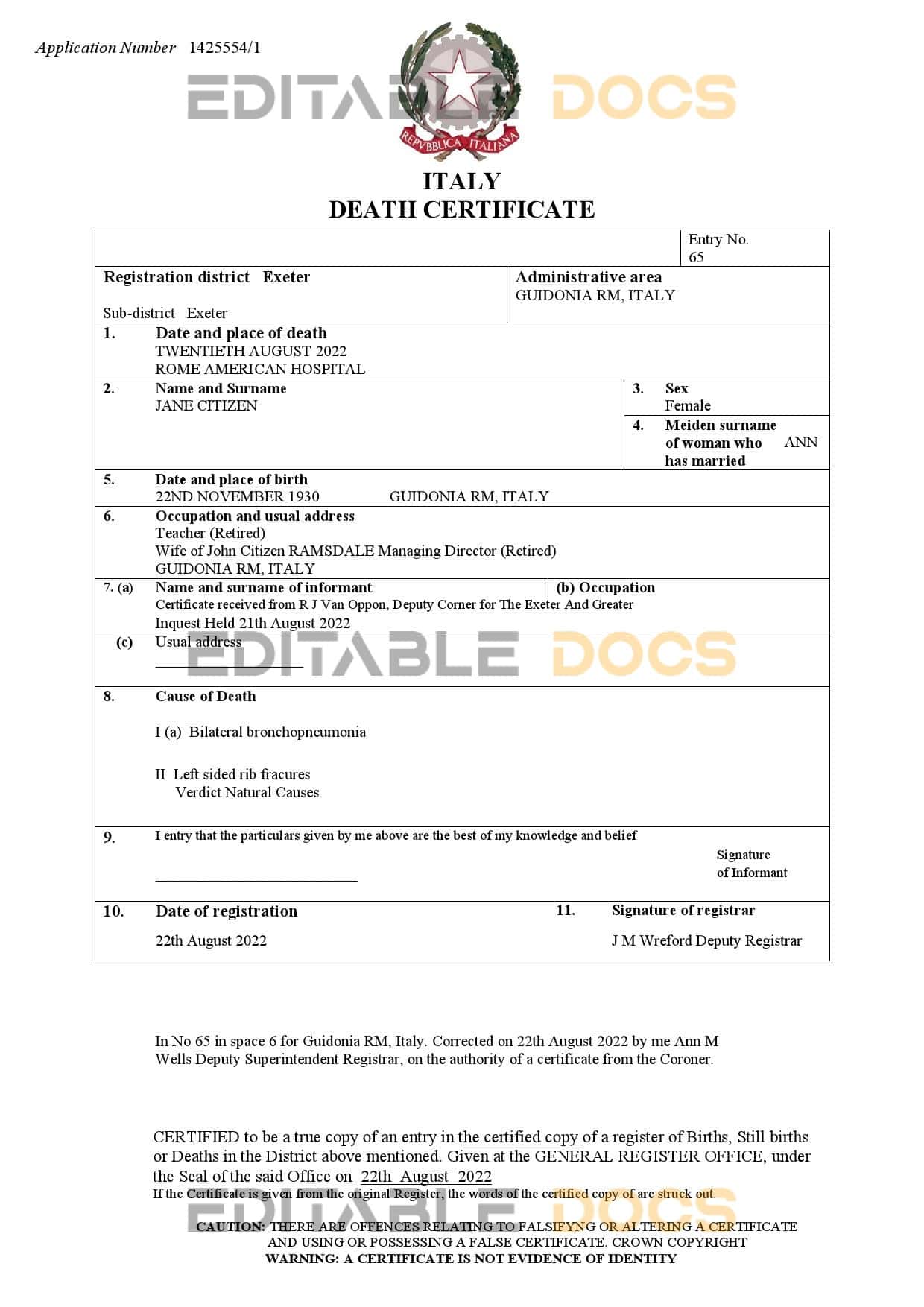 Fillable Italy Death PDF Templates | Blank Docs