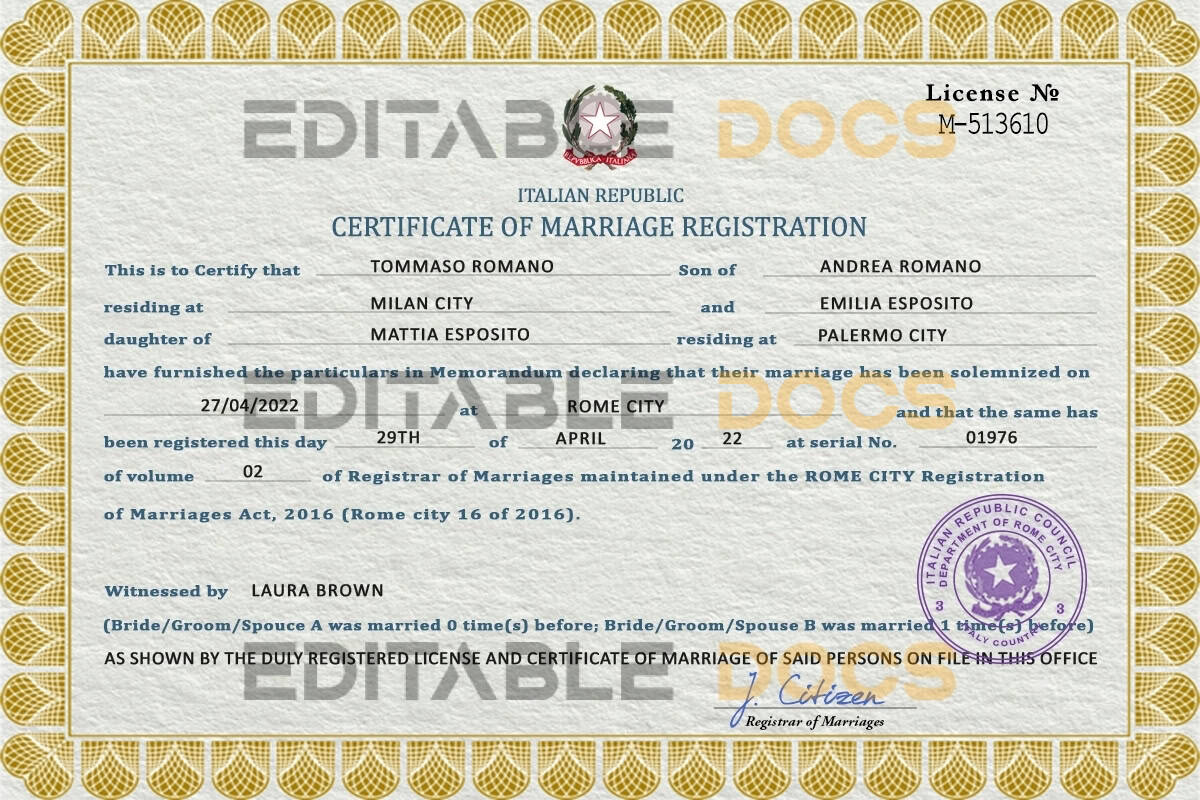 Italy Marriage Certificate | Editable PDF Templates